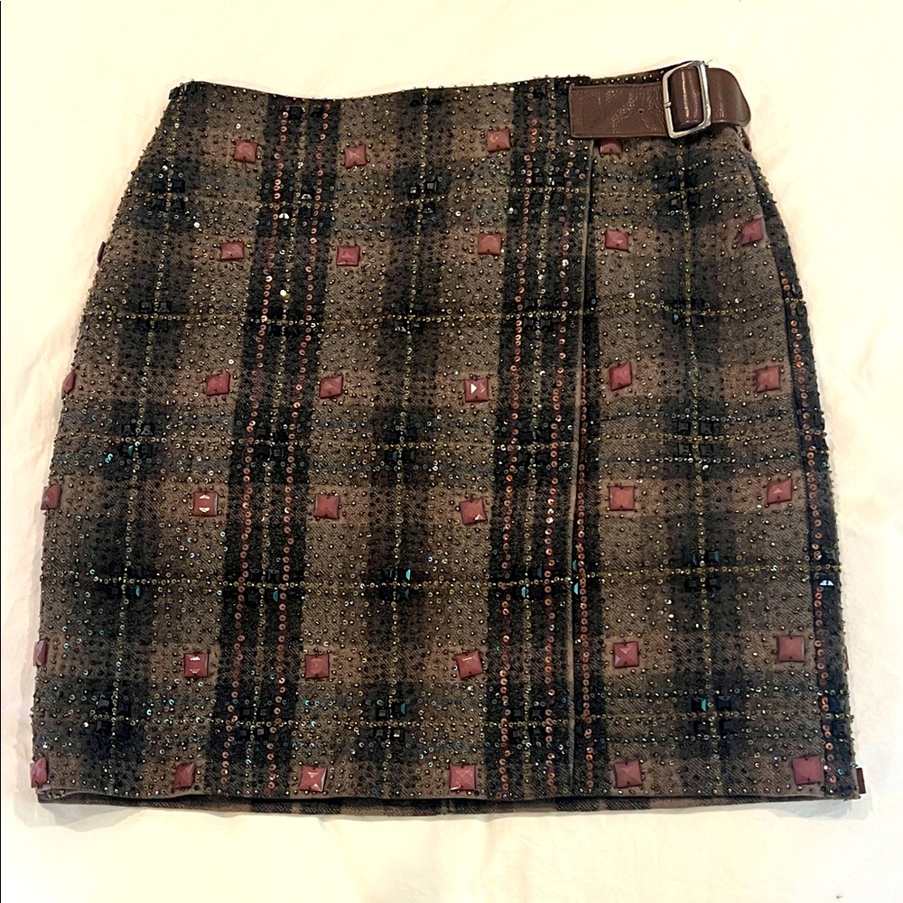 MaxMara Beaded and Sequin Embellished Plaid Faux Wrap Skirt